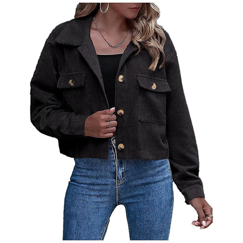 Women's Fall Fashion Cropped Shacket Plaid Jackets Coat-Black